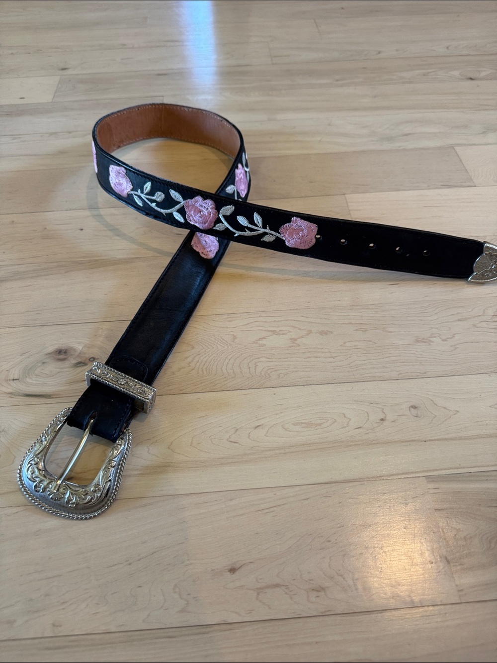 Cowboy Belts-Women's Western Cowgirl Genuine Leather Belt Pink Flower Embroidery